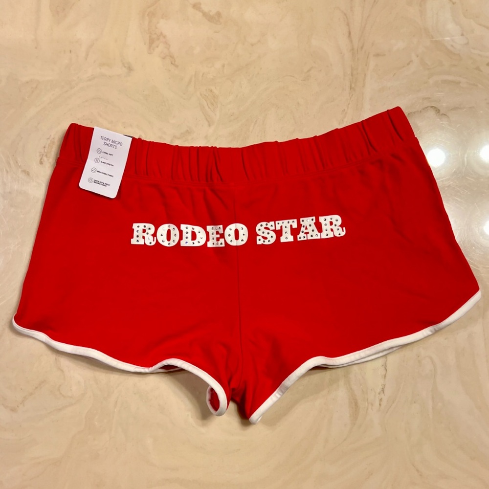 🤠VS PINK Soft Modal Micro Shorts Bling “RODEO STAR” Red Western Festival LARGE